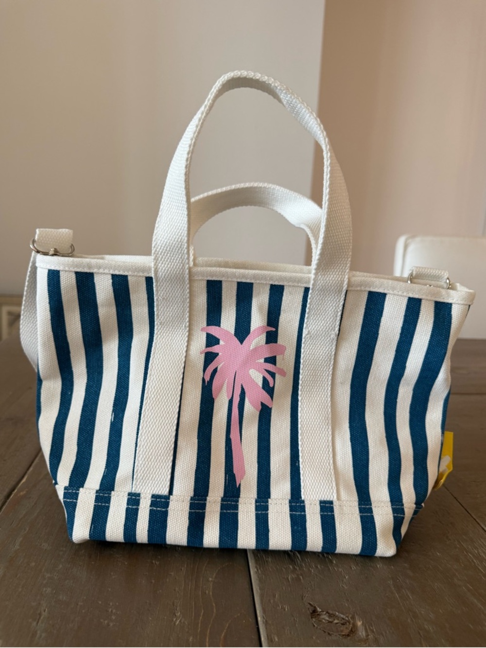 Kerri Rosenthal Mini Tote “Anguilla” Blue Stripes & Pink Palm Tree NEW with Tags